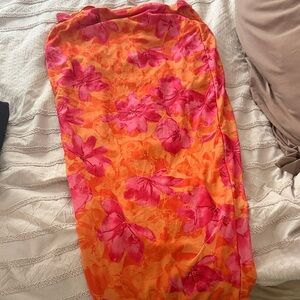Tropical Floral Strapless Swim Sarong in Orange & Pink